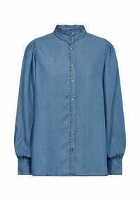 Blusa in denim azzurro chiaro con colletto alla coreana, chiusura frontale con bottoni, maniche a sbuffo e polsini elasticizzati, caratterizzata da una texture liscia e una leggera lucentezza.