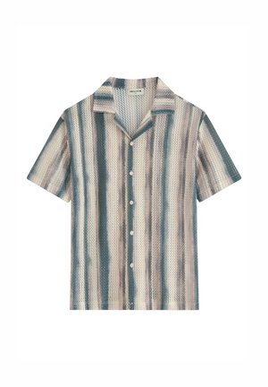 Chemise à manches courtes avec boutons et rayures verticales dans des tons beige, bleu et gris, avec un col décontracté et un tissu léger texturé.