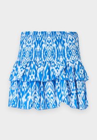 Blauwe en witte geprinte rok met een smock taille, gelaagde ruffles aan de onderkant en een lichtgewicht stof. Bevat een ikat-stijl ontwerp.