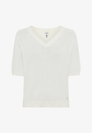 Weißer Strickpullover mit V-Ausschnitt, kurzen Ärmeln und geripptem Saum. Verfügt über ein dezentes Logo auf der unteren Seite. Weicher Stoff und leichtes Material.