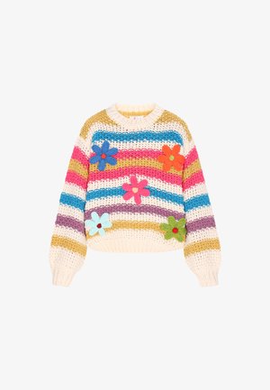 Hæklet sweater i cremefarve med farverige vandrette striber. Har seks filtblomster i blå, pink, orange og grøn. Rund halsudskæring, lange ærmer.