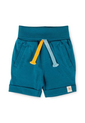 Teal toddler shorts with rolled cuffs, ribbed elastic waistband, yellow and light blue drawstrings, and front pockets.