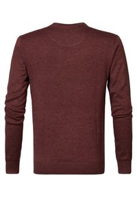 Maglione lungo marrone con maniche lunghe, scollo a giro, vista posteriore visibile, polsini e orlo a coste, trama in maglia liscia.