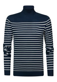 Maglione a collo alto a righe blu navy e bianche, realizzato in un tessuto morbido; presenta maniche lunghe, polsini a coste e un design aderente.
