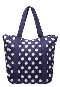 Borsa a tote in tessuto blu navy con pois bianchi, doppi manici, chiusura con zip e costruzione robusta per l'uso quotidiano.