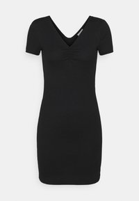 Svart kortärmad ribbad stickad klänning med V-ringning och subtil rynkning fram, knälängd och kroppsnära silhuett.