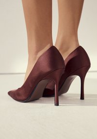 Rudos spalvos satininiai aukštakulniai su aštriu noseliu ir plonais stiletto kulnais. Lygios tekstūros, matinio paviršiaus.