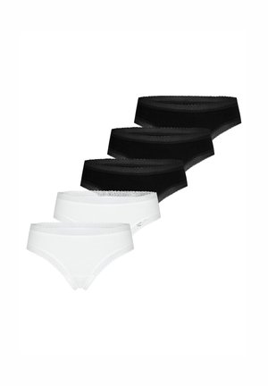 Cinq culottes hipster pour femmes en noir et blanc, chacune avec une bordure en dentelle le long de la ceinture et des ouvertures des jambes.