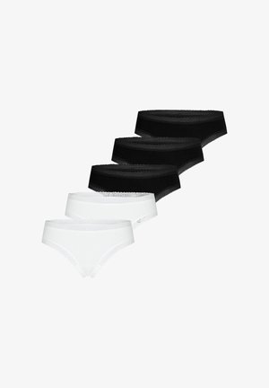Five women's hipster panties in black and white, each with lace trim along the waistband and leg openings.