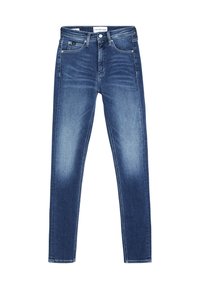 Smaljeans i mörkblå denim med en urtvättad look, fem fickor, dragkedjegylf och bälteshällor. Slät textur och rak ben-design.