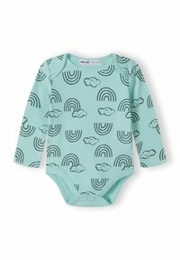 Body à manches longues vert menthe clair avec des motifs de nuages et d'arc-en-ciel noirs. Tissu doux et extensible avec des fermetures à pression en bas.