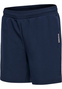 Marina blå idrottsshorts gjorda av lättviktsmaterial, med elastisk midja, sidofickor och en liten logotag på sidan.