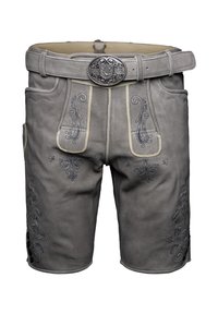 Graue Leder-Shorts mit filigraner blauer Stickerei, einem breiten Taillengummi mit einer dekorativen silbernen Schnalle und Knopfakzenten an den Seiten.