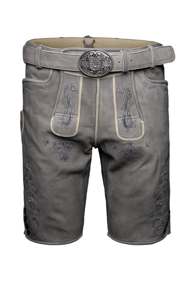 Graue Leder-Shorts mit filigraner blauer Stickerei, einem breiten Taillengummi mit einer dekorativen silbernen Schnalle und Knopfakzenten an den Seiten.