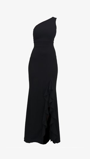 Black, one-shoulder dress featuring a fitted bodice, cascading ruffle detail along the side, and a flowing silhouette. Smooth fabric texture.