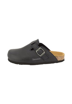 Black slip-on clog with adjustable strap and metal buckle, cork footbed, and cushioned sole designed for comfort and support.