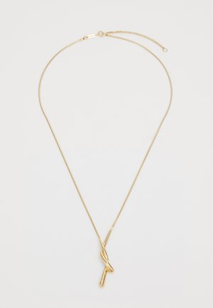 Gold-toned metal necklace featuring a twisting pendant design. The chain is slender with an adjustable length and a clasp for closure.