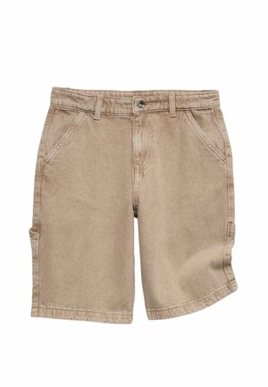 Beige casual shorts met riemlussen, knoop aan de voorkant, rits, twee zijzakken en een klein hulpzaktasje op het linkerbeen.