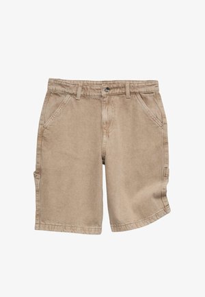 Beige afslappede shorts med bæltestropper, forreste knap, lynlås, to sidelommer og en lille hjælpelomme på venstre ben.