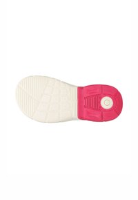 Suola di scarpa con una base in gomma bianca e un tallone in gomma rosa. Presenta un battistrada testurizzato per una buona aderenza. Nota per il suo colore a contrasto e il motivo geometrico.