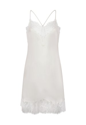Weißes Nachthemd aus weichem Stoff mit Spitzenbesatz am Saum und zarten Spitzendetails am Oberteil, ausgestattet mit dünnen, verstellbaren Trägern.