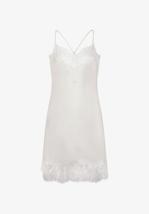 Weißes Nachthemd aus weichem Stoff mit Spitzenbesatz am Saum und zarten Spitzendetails am Oberteil, ausgestattet mit dünnen, verstellbaren Trägern.