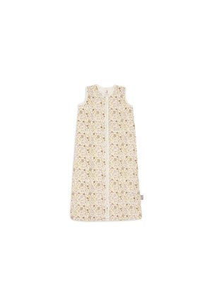 Mouwloze babyslaapzak met rits aan de voorkant, met een bloemenpatroon in beige, bruin en lichtpaars op een crèmekleurige achtergrond.