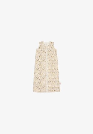 Mouwloze babyslaapzak met rits aan de voorkant, met een bloemenpatroon in beige, bruin en lichtpaars op een crèmekleurige achtergrond.