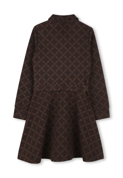 Brown dress with long sleeves, featuring a diamond chain pattern. The skirt flares out, and there's a belt detail at the waist. Smooth texture.