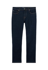 Jeans diritto blu scuro con tasche frontali, chiusura con bottone e cuciture arancioni visibili.