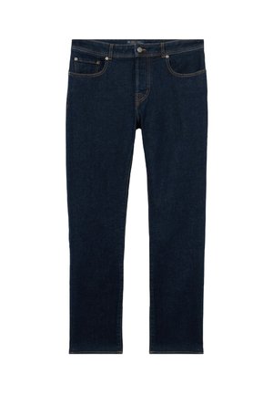 Tmavě modré džíny rovného střihu s předními kapsami, zapínáním na knoflík a viditelným oranžovým prošíváním.