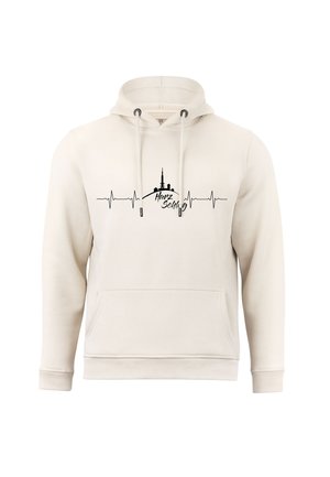Cremfarbener Hoodie aus weichem Material mit einem Herzschlaglinien-Design und einer Skyline-Grafik in Schwarz. Enthält eine Fronttasche und Kordeln.