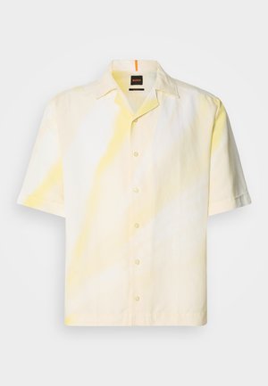 Short-sleeve shirt made of light fabric, featuring a yellow and white tie-dye pattern with a button-down front and a camp collar.