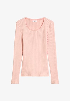 Rippstrick Langarmshirt aus einem hellrosa Baumwollmix. Es hat einen Rundhalsausschnitt und eine taillierte Passform mit auffälligen vertikalen Streifen.