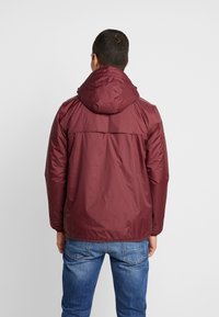 Uomo che indossa una giacca a cappuccio bordeaux e jeans blu, in piedi di spalle contro uno sfondo grigio chiaro uniforme.