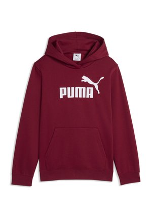 Bordowa bluza z kapturem z przednią kieszenią kangurką oraz białym logo i napisem Puma na środku klatki piersiowej.