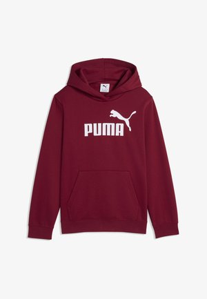 Maron hoodie med front kengurulomme og hvid Puma-logo samt tekst centreret på brystet.