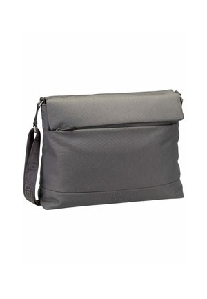 Gray messenger bag made of fabric, featuring a fold-over top, zippered pocket, adjustable strap, and subtle brand logo on the front.