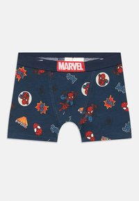 Blå bomulds-boxershorts med et Spider-Man mønster, rød "MARVEL" elastik og forskellige tematiske grafikker og tekst i lysende farver.