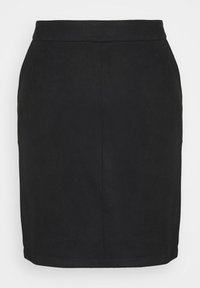 Svart pennkjol med en slät yta, figurnära passform och en ren midja. Inga synliga mönster eller beslag. Enkel design.