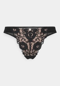 Svart blonde stringtruse med blomsterdrikk og hudfarget meshunderlag. Har et lite metallisk logo-detalj foran.