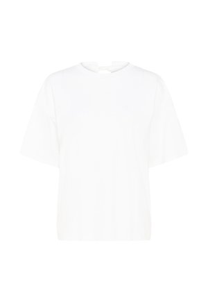 Valge lühikeste varrukatega ümara kaelusega T-särk, millel on veidi lõdvestunud lõige ja väike seljaosale sõlmitud detail kaelusel.