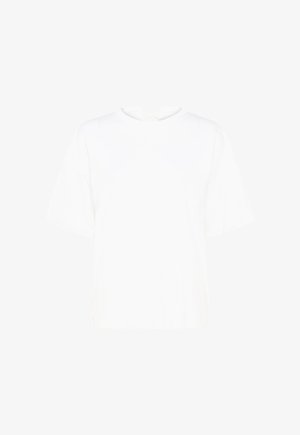 Valge lühikeste varrukatega ümara kaelusega T-särk, millel on veidi lõdvestunud lõige ja väike seljaosale sõlmitud detail kaelusel.