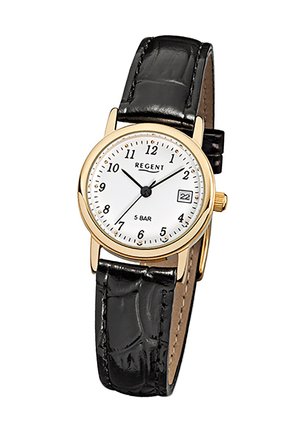 Gold-tone watch with a white dial, black crocodile-patterned leather strap, Arabic numerals, date display, and water resistance of 5 bar.