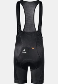 Schwarze Radhosen mit Netzoberteilen, gepolstertem Sitzbereich und Schöffel-Logo im unteren Rückenbereich.