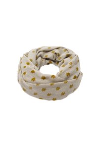 Jasnoszara chusta w wzór rybiej ości, z żółtymi akcentami kwiatowymi. Miękka tekstura, okrągły kształt, bez widocznych elementów metalowych ani zapięć.