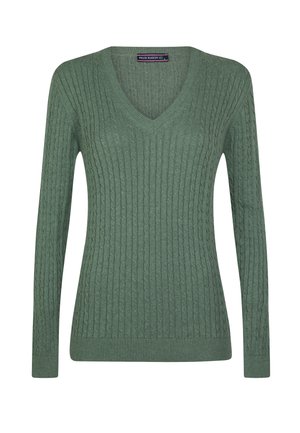 Maglione verde a collo a V con lavorazione a trecce, maniche lunghe, polsini e orlo a costine, in tessuto morbido e testurizzato, stile slim fit.