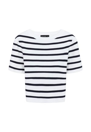 Maglietta a maniche corte bianca in maglia con righe orizzontali nere e collo rotondo.