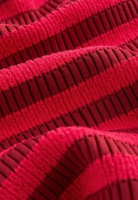 Red striped fabric with textured ribbing and a soft, plush surface. The design features alternating bands of different shades of red.
