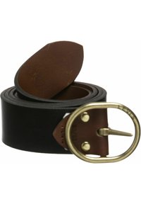 Ceinture en cuir noir avec un dos en cuir marron, dotée d'une boucle ronde de couleur or et de détails de couture visibles.
